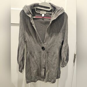 LOFT Gray Hooded Cardigan Sweater Medium Longline 100% Cotton Ribbed Knit